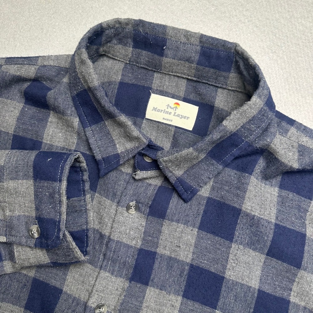 Marine Layer Flannel Shirt Mens Large Blue Grey Plaid Button Down Long Sleeve